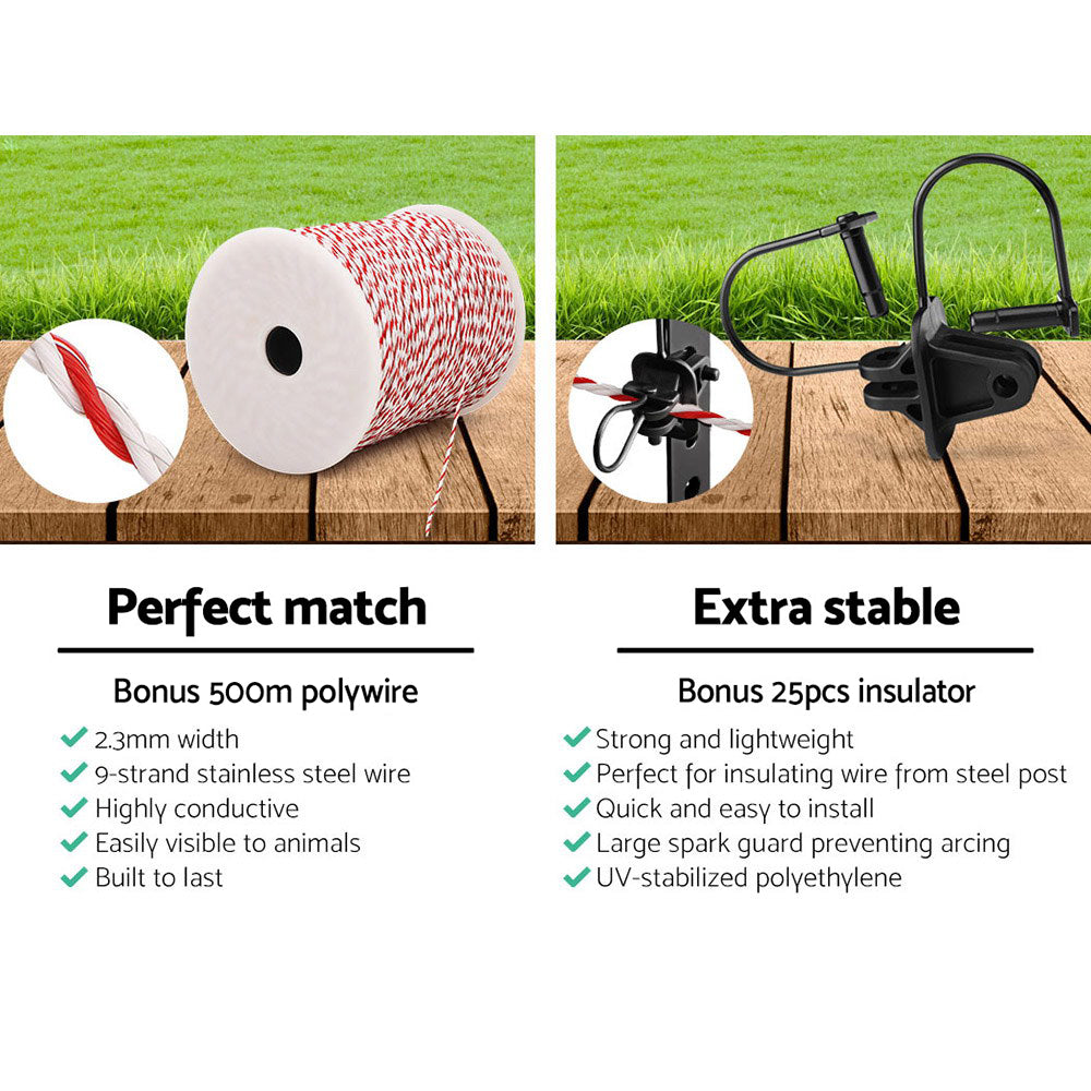 NNEDSZ 5km Solar Electric Fence Energiser Charger with 500M Tape and 25pcs Insulators-4